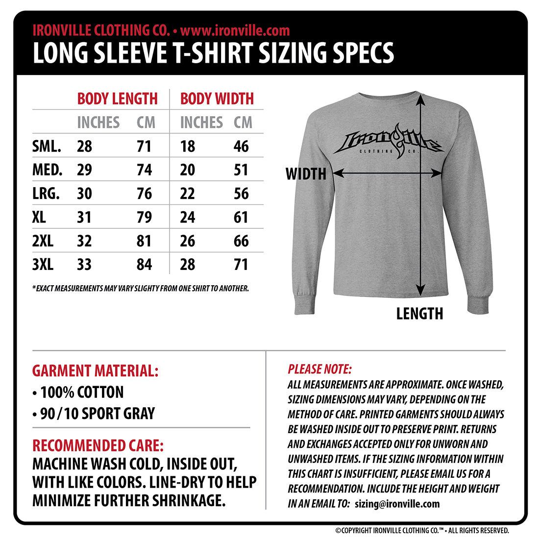 Ironville Size  Charts Gym Apparel Measurments 