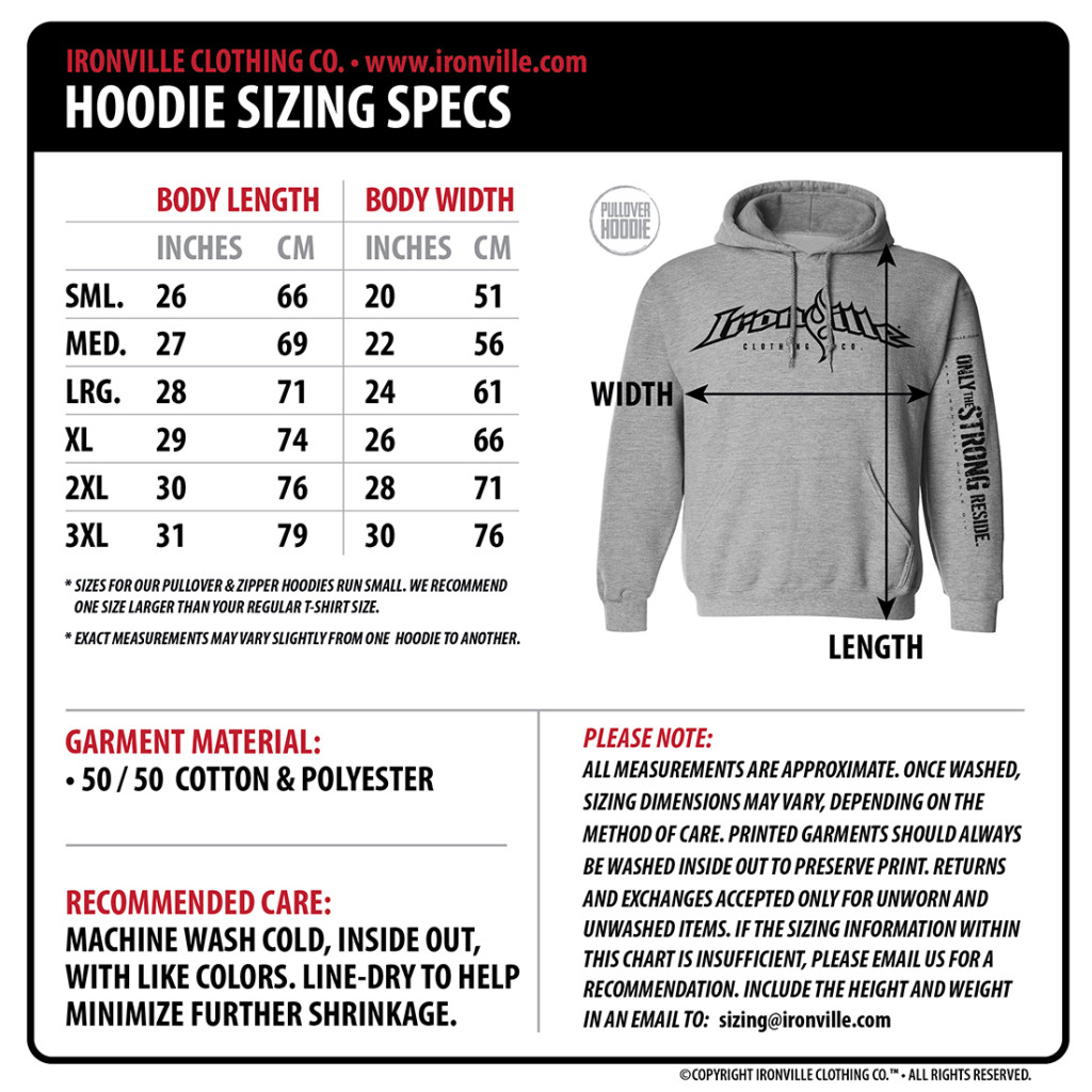 Ironville Size Charts | Gym Apparel Measurments | Ironville Clothing