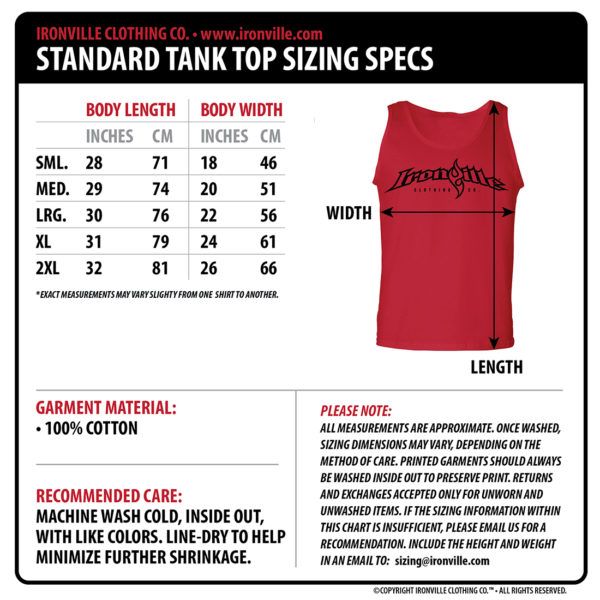 Ironville Size Charts | Gym Apparel Measurments | Ironville Clothing