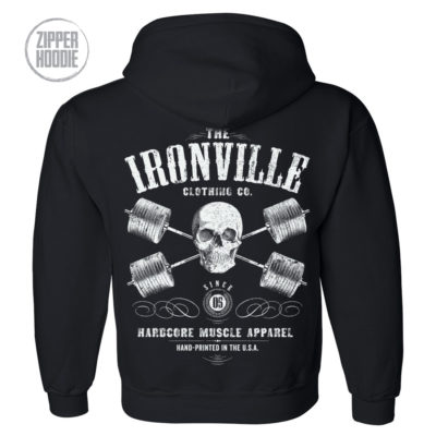 Heavy Iron Outlaw Skull Barbells Powerlifting Gym Zipper Hoodie Black