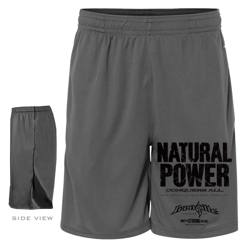 Natural Power Conquers All Powerlifting Gym Shorts Charcoal Gray