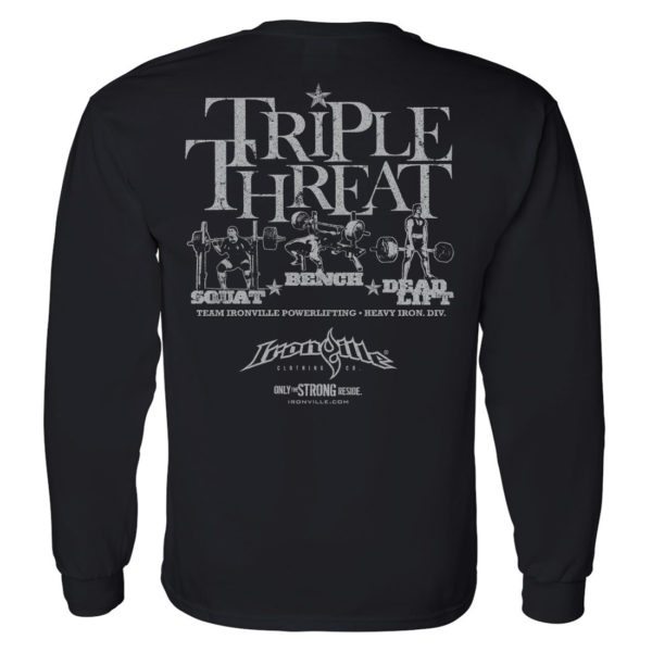 Triple Threat Squat Bench Press Deadlift Powerlifting Long Sleeve Gym T Shirt Black