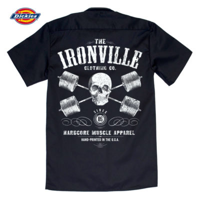 Heavy Iron Outlaw Skull Barbells Casual Button Down Powerlifter Shop Shirt Black