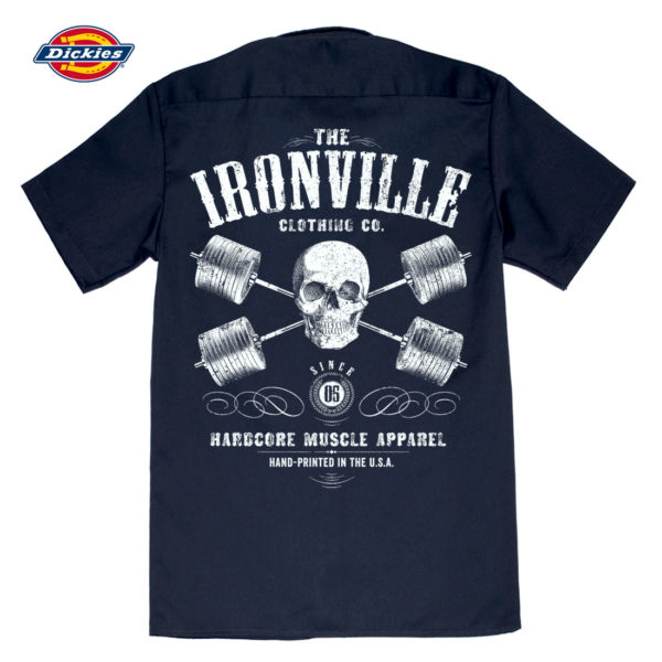 Heavy Iron Outlaw Skull Barbells Casual Button Down Powerlifter Shop Shirt Navy Blue