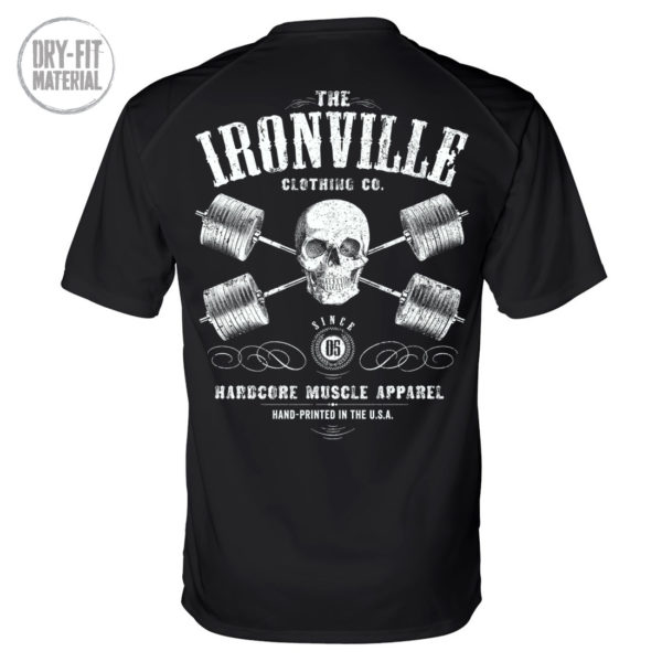 Heavy Iron Outlaw Skull Barbells Powerlifting Gym Dri Fit T Shirt Black