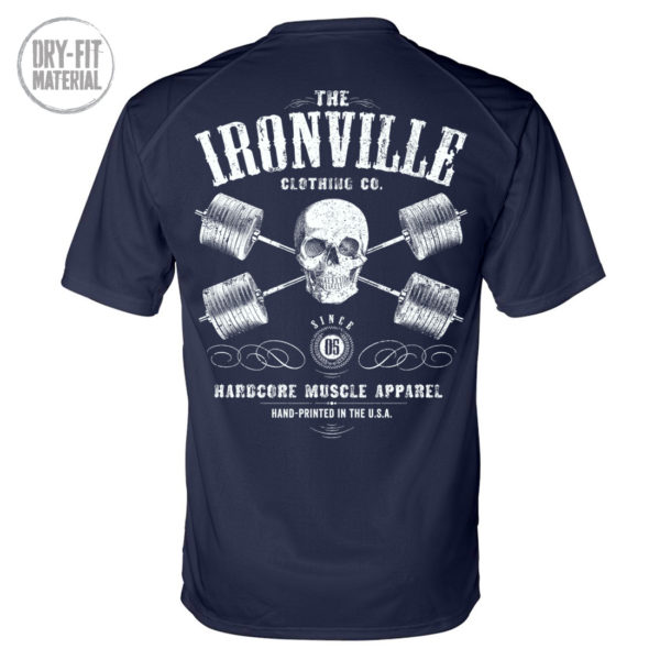 Heavy Iron Outlaw Skull Barbells Powerlifting Gym Dri Fit T Shirt Navy Blue