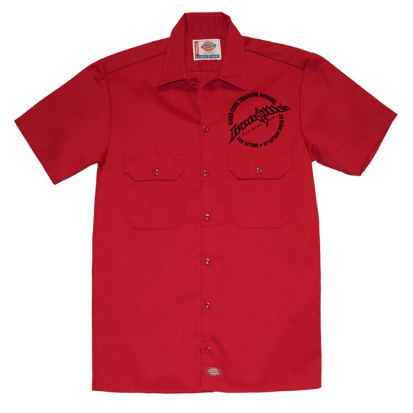 Ironville Casual Button Down Shop Shirt Full Horizontal Logo Front Red