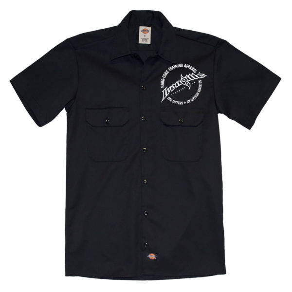 Ironville Casual Button Down Weightlifting Shop Shirt Circle Logo Front Black