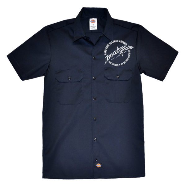Ironville Casual Button Down Weightlifting Shop Shirt Circle Logo Front Navy Blue