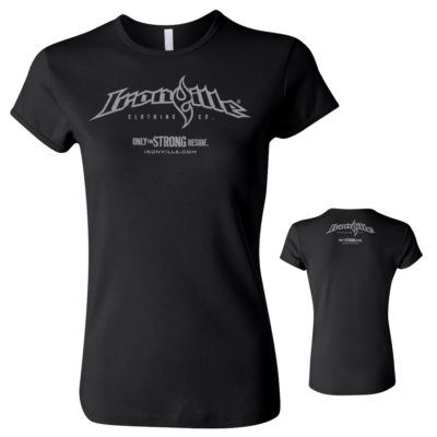 Ironville Horizontal Slogan Logo Womens Weightlifting Fitness T Shirt Black