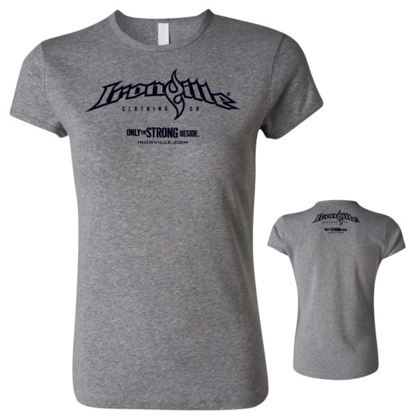 Ironville Horizontal Slogan Logo Womens Weightlifting Fitness T Shirt Sport Gray