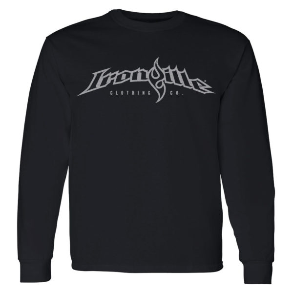 Ironville Long Sleeve Weightlifting T Shirt Full Horizontal Logo Front Black