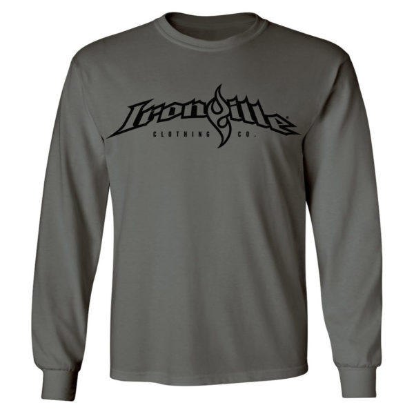 Ironville Long Sleeve Weightlifting T Shirt Full Horizontal Logo Front Charcoal Gray