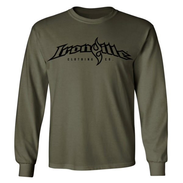 Ironville Long Sleeve Weightlifting T Shirt Full Horizontal Logo Front Military Green