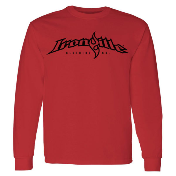Ironville Long Sleeve Weightlifting T Shirt Full Horizontal Logo Front Red