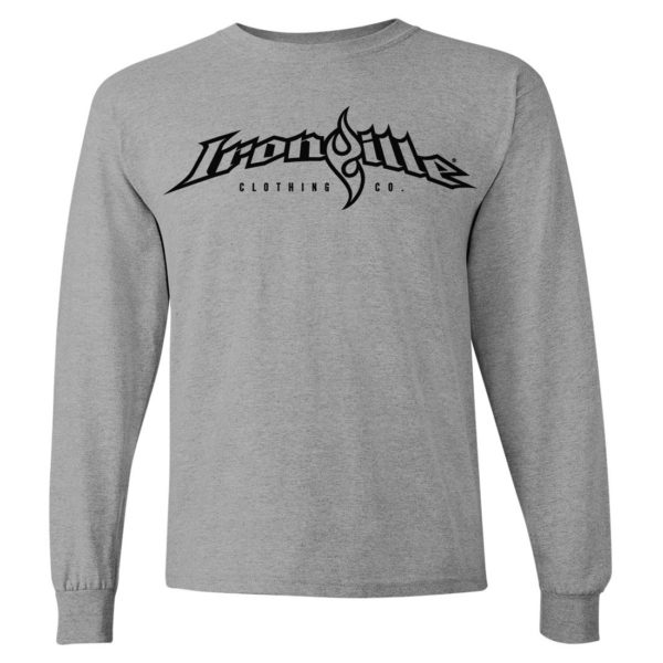 Ironville Long Sleeve Weightlifting T Shirt Full Horizontal Logo Front Sport Gray