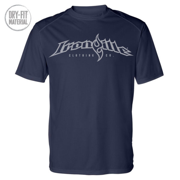 Ironville Moisture Wicking Dri Fit T Shirt Full Horizontal Logo Front Navy Blue