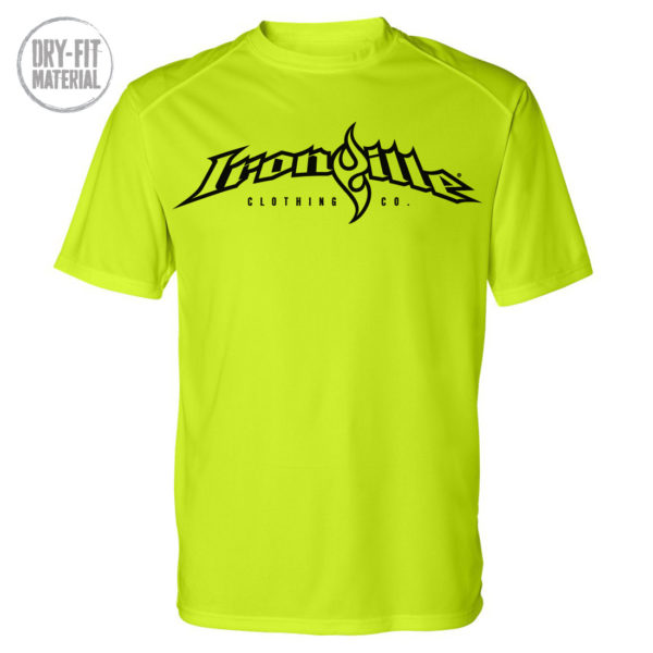 Ironville Moisture Wicking Dri Fit T Shirt Full Horizontal Logo Front Neon Yellow