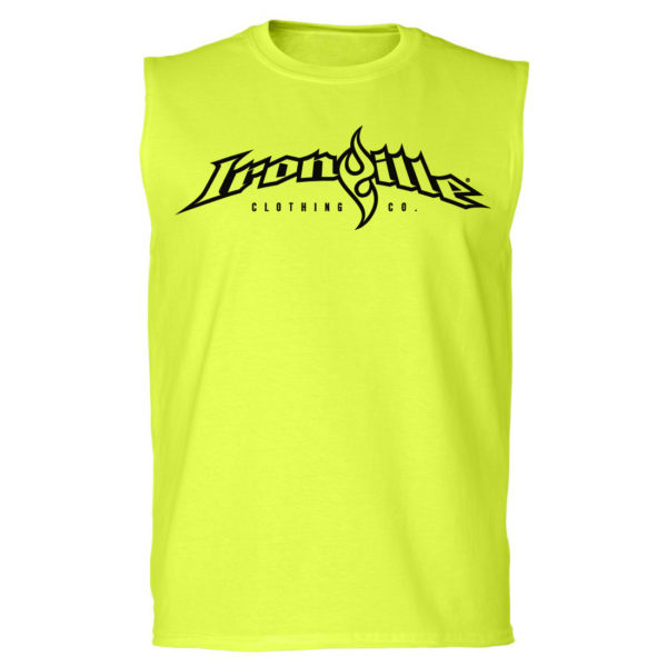 Ironville Sleeveless Weightlifting T Shirt Full Horizontal Logo Front Neon Yellow