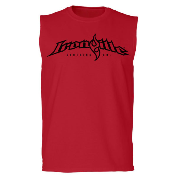 Ironville Sleeveless Weightlifting T Shirt Full Horizontal Logo Front Red