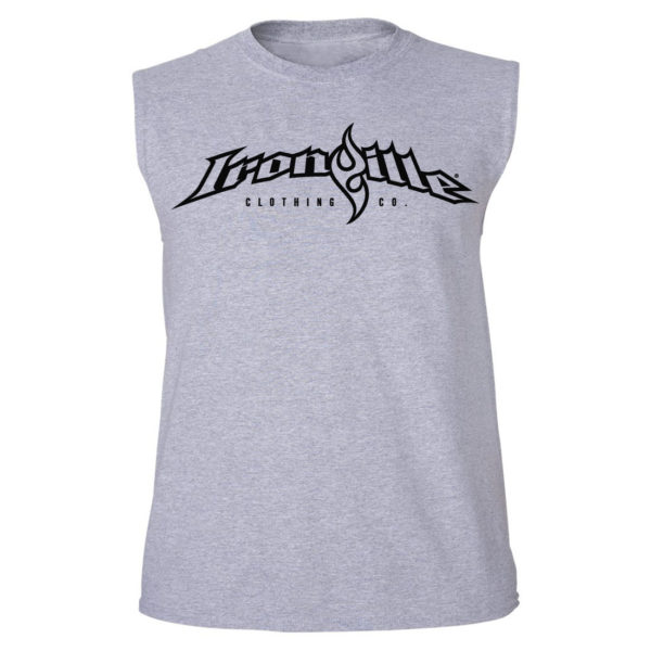 Ironville Sleeveless Weightlifting T Shirt Full Horizontal Logo Front Sport Gray