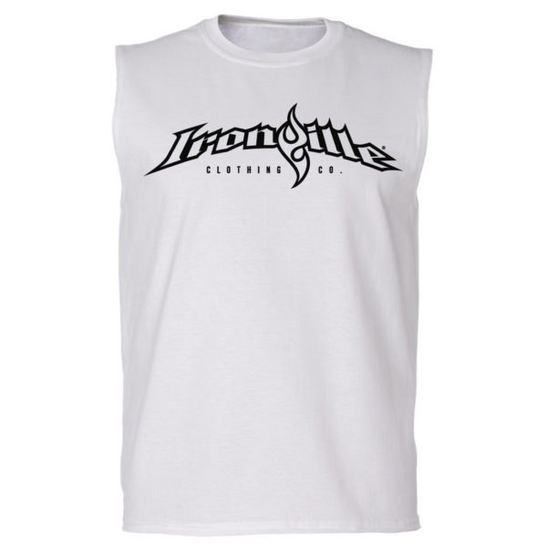 Ironville Sleeveless Weightlifting T Shirt Full Horizontal Logo Front White