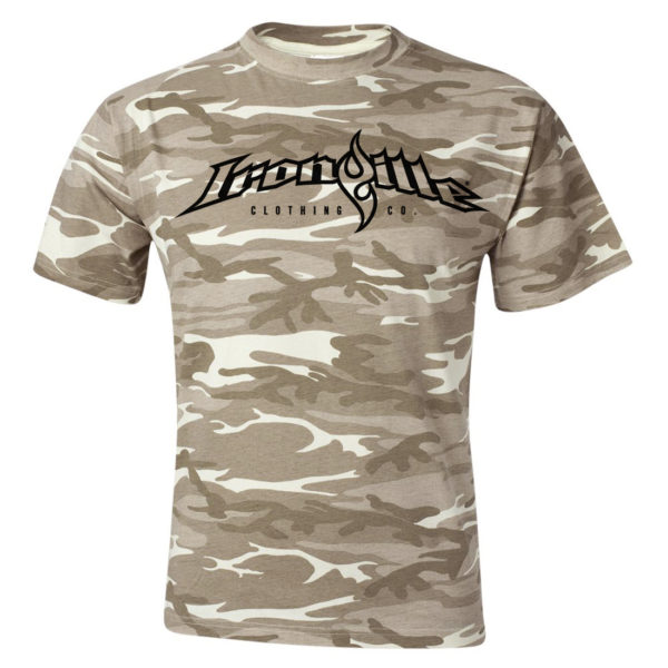 Ironville Weightlifting T Shirt Full Horizontal Logo Front Sand Wood Camo