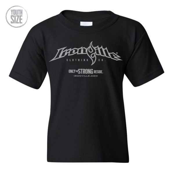 Ironville Weightlifting Youth Kids T Shirt Horizontal Logo Front Black