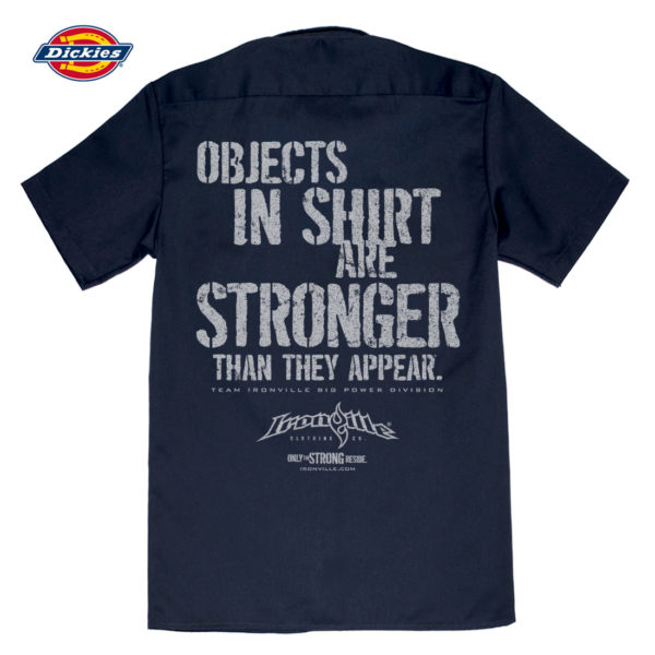 Objects In Shirt Are Stronger Than They Appear Casual Button Down Powerlifter Shop Shirt Navy Blue