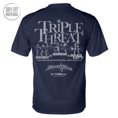 Triple Threat Squat Bench Press Deadlift Powerlifting Gym Dri Fit T Shirt Navy Blue