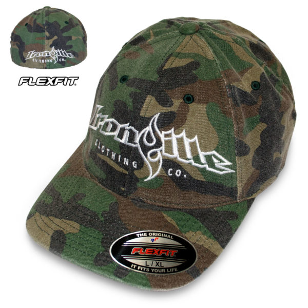 Ironville Powerlifting Gym Hat Flexfit Curved Bill Fitted Green Wood Camo With White Big Horizontal Logo