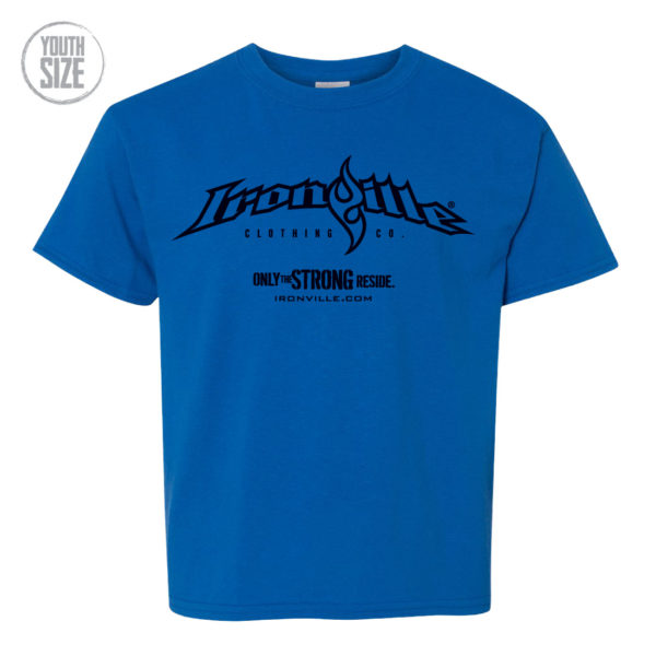 Ironville Weightlifting Youth Kids T Shirt Horizontal Logo Front Blue