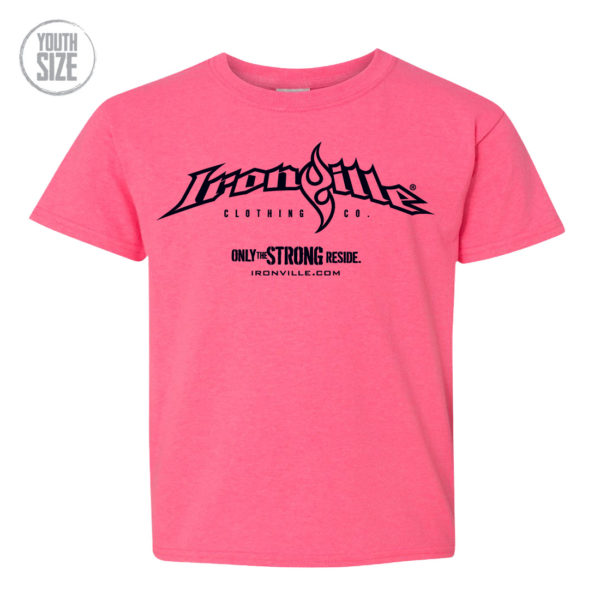 Ironville Weightlifting Youth Kids T Shirt Horizontal Logo Front Pink