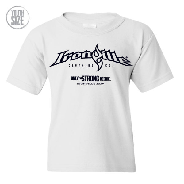 Ironville Weightlifting Youth Kids T Shirt Horizontal Logo Front White