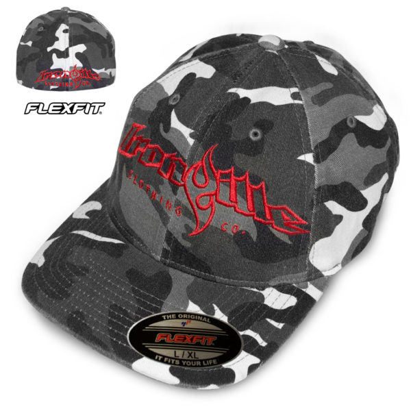 Ironville Weightlifting Gym Hat Flexfit Curved Bill Fitted Winter Gray Camo With Red Big Horizontal Logo