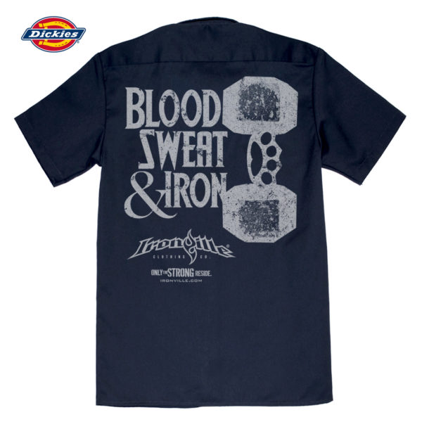 Blood Sweat And Iron Brass Knuckles Dumbbell Casual Button Down Weightlifter Shop Shirt Navy Blue