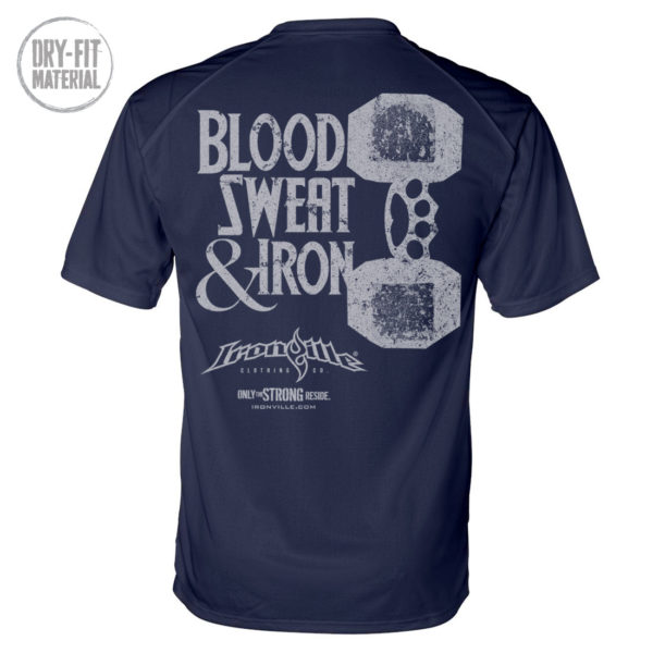 Blood Sweat And Iron Brass Knuckles Dumbbell Weightlifting Dri Fit T Shirt Navy Blue