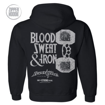 Blood Sweat And Iron Brass Knuckles Dumbbell Weightlifting Zipper Hoodie Black