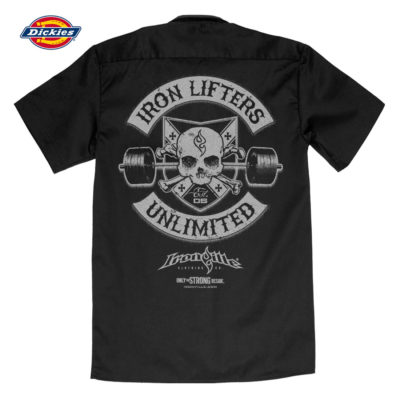 Iron Lifters Unlimited Skull Barbell Casual Button Down Weightlifter Shop Shirt Black