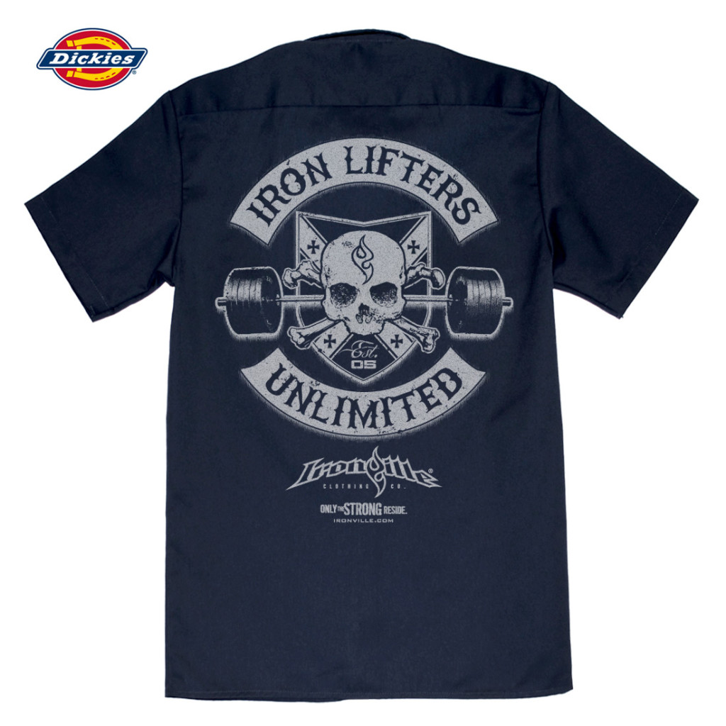 Iron Lifters Unlimited Skull Barbell Casual Button Down Weightlifter Shop Shirt Navy Blue