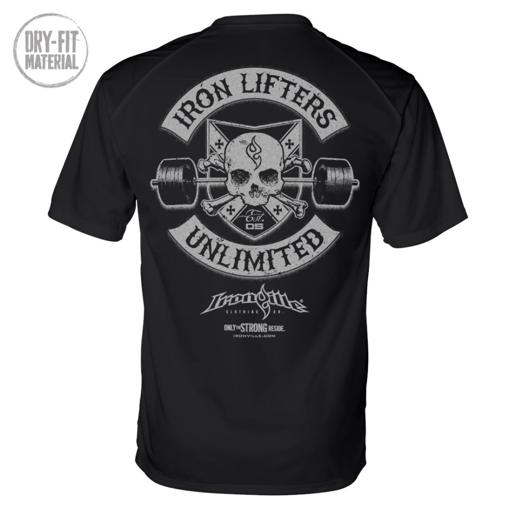 Iron Lifters Unlimited Skull Barbell Weightlifting Dri Fit T Shirt Black