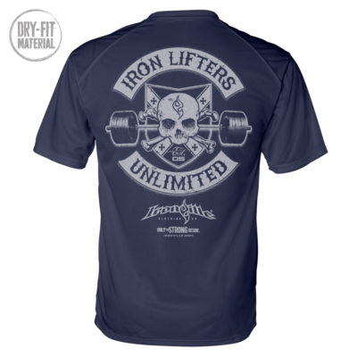 Iron Lifters Unlimited Skull Barbell Weightlifting Dri Fit T Shirt Navy Blue
