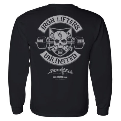 Iron Lifters Unlimited Skull Barbell Weightlifting Long Sleeve T Shirt Black