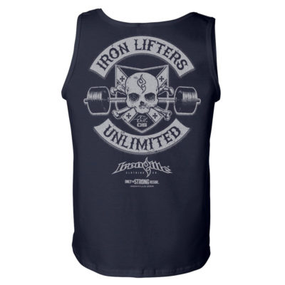 Iron Lifters Unlimited Skull Barbell Weightlifting Tank Top Navy Blue