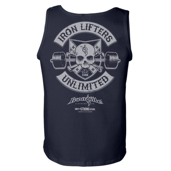 Iron Lifters Unlimited Skull Barbell Weightlifting Tank Top Navy Blue