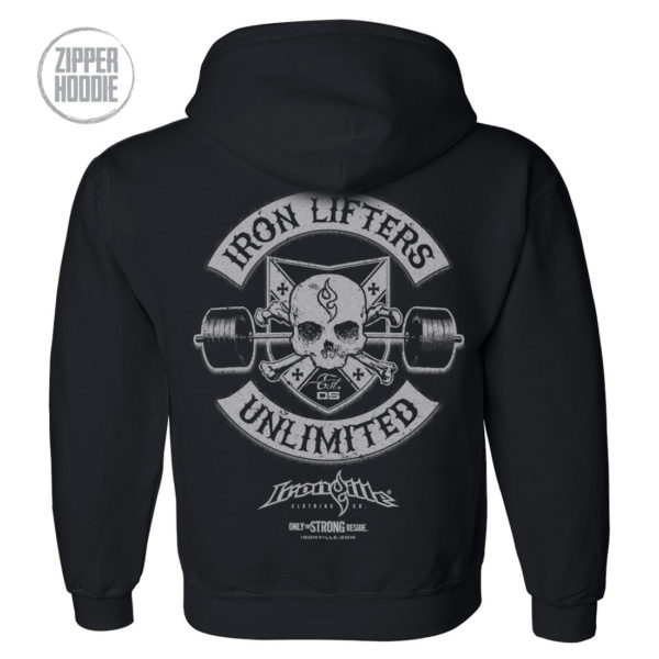 Iron Lifters Unlimited Skull Barbell Weightlifting Zipper Hoodie Black