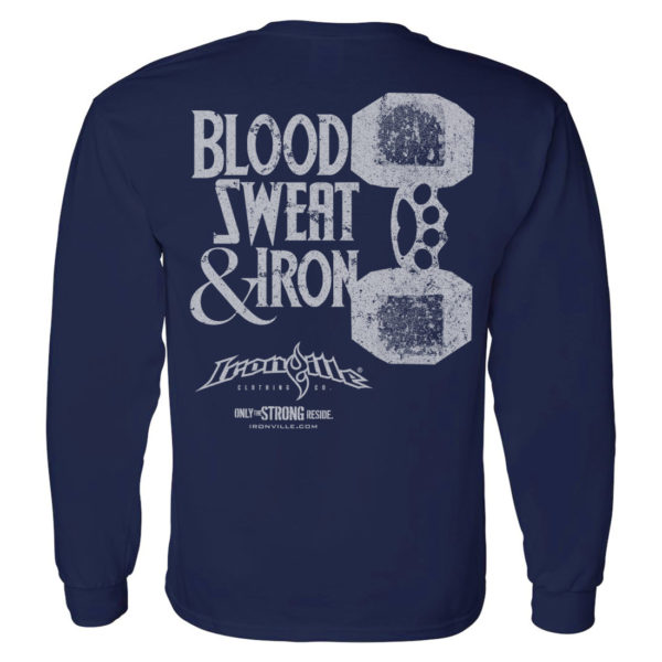 Blood Sweat And Iron Brass Knuckles Dumbbell Weightlifting Long Sleeve T Shirt Navy Blue
