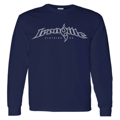 Ironville Long Sleeve Weightlifting T Shirt Full Horizontal Logo Front Sport Navy Blue