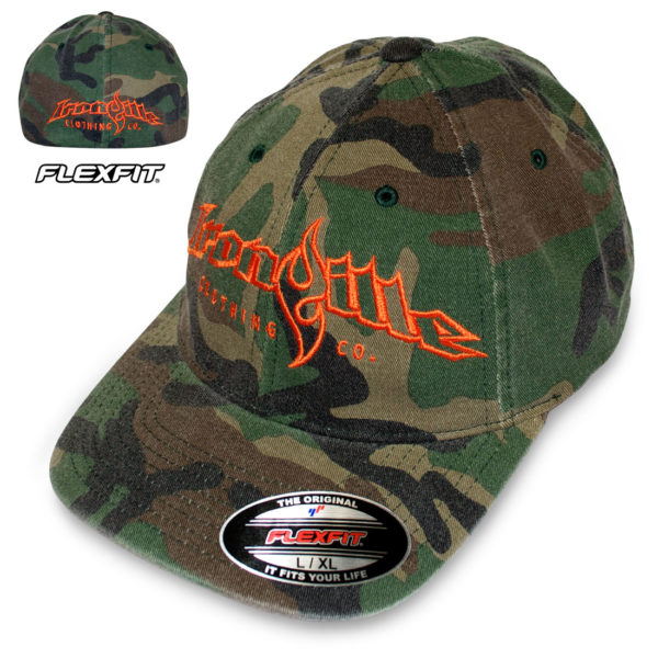 Ironville Weightlifting Gym Hat Flexfit Curved Bill Fitted Green Wood Camo With Orange Big Horizontal Logo