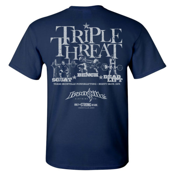 Triple Threat Squat Bench Press Deadlift Powerlifting Gym T Shirt Navy Blue